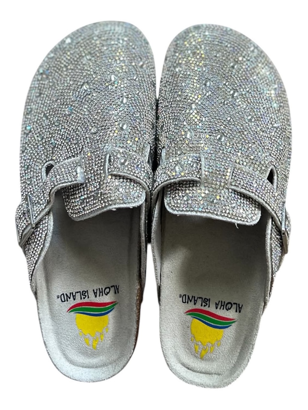 Aloha Island Silver Rhinestone Embellished Slip-On Sandals